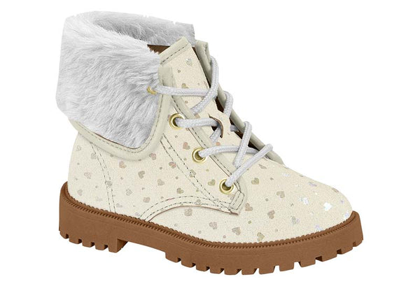 Bota Infantil White Off 526-holographic/natural Camurca Coracoes Roma/pelo Premium Molekinha