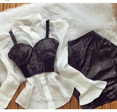 Conjunto camisa + cropped e saia MO015018