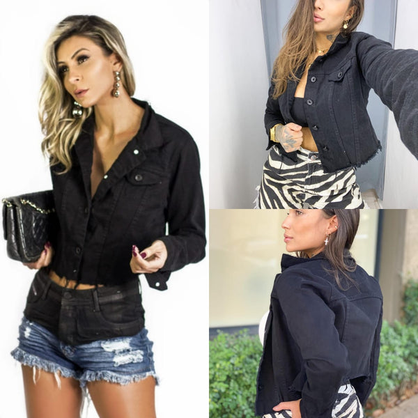 Jaqueta Jeans Preta   desfiada curta 💫