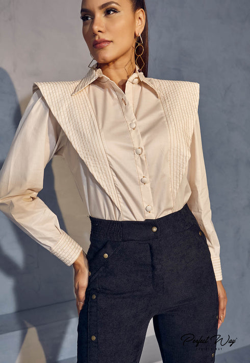 CAMISA C/ DETALHES EM PESPONTO BEGE MI113072,💫