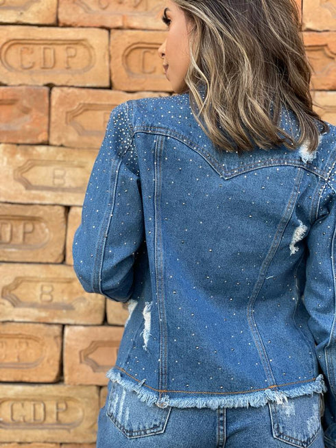 Jaqueta Jeans desfiada com brilho💫