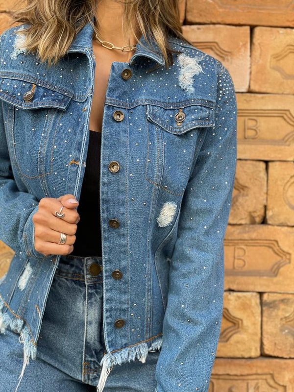 Jaqueta Jeans desfiada com brilho💫