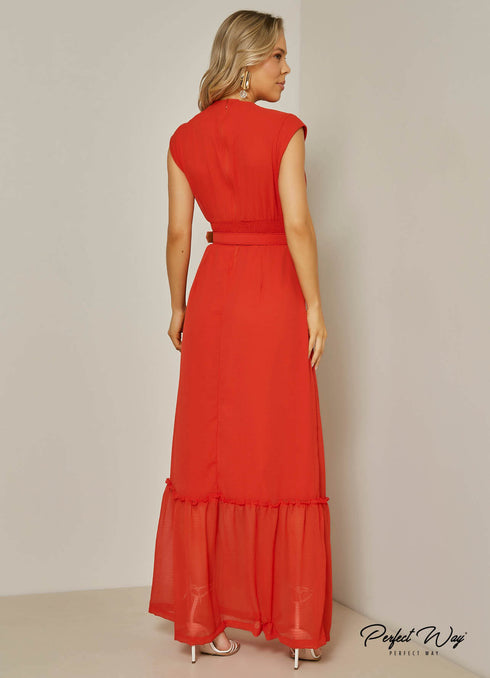 Vestido longo decote V drapeado em crepe