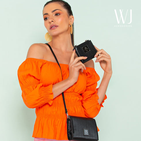 Crossbody Pequena Lezard com logo resina preto