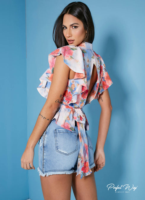 Camisa manga curta de babados floral💫