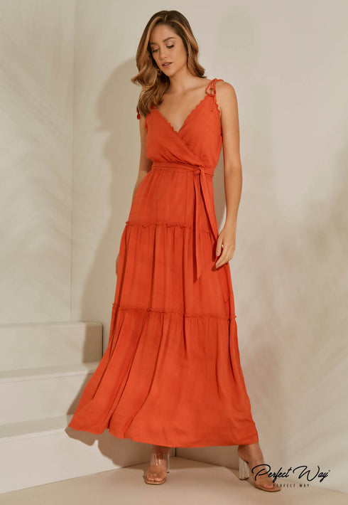 Vestido longo de viscose com cinto