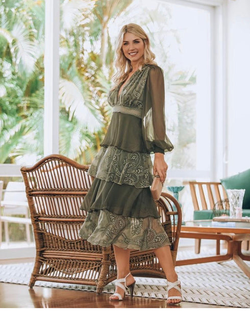 Vestido Midi em Organza Bordada 3429 ️