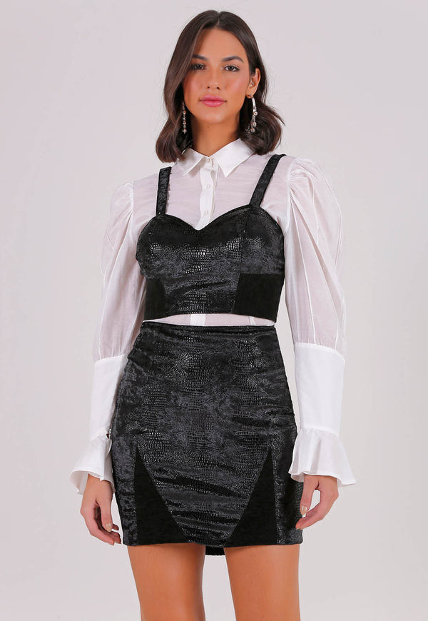 Conjunto camisa + cropped e saia MO015018