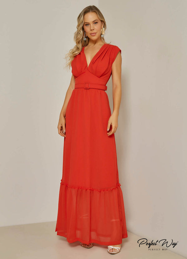 Vestido longo decote V drapeado em crepe